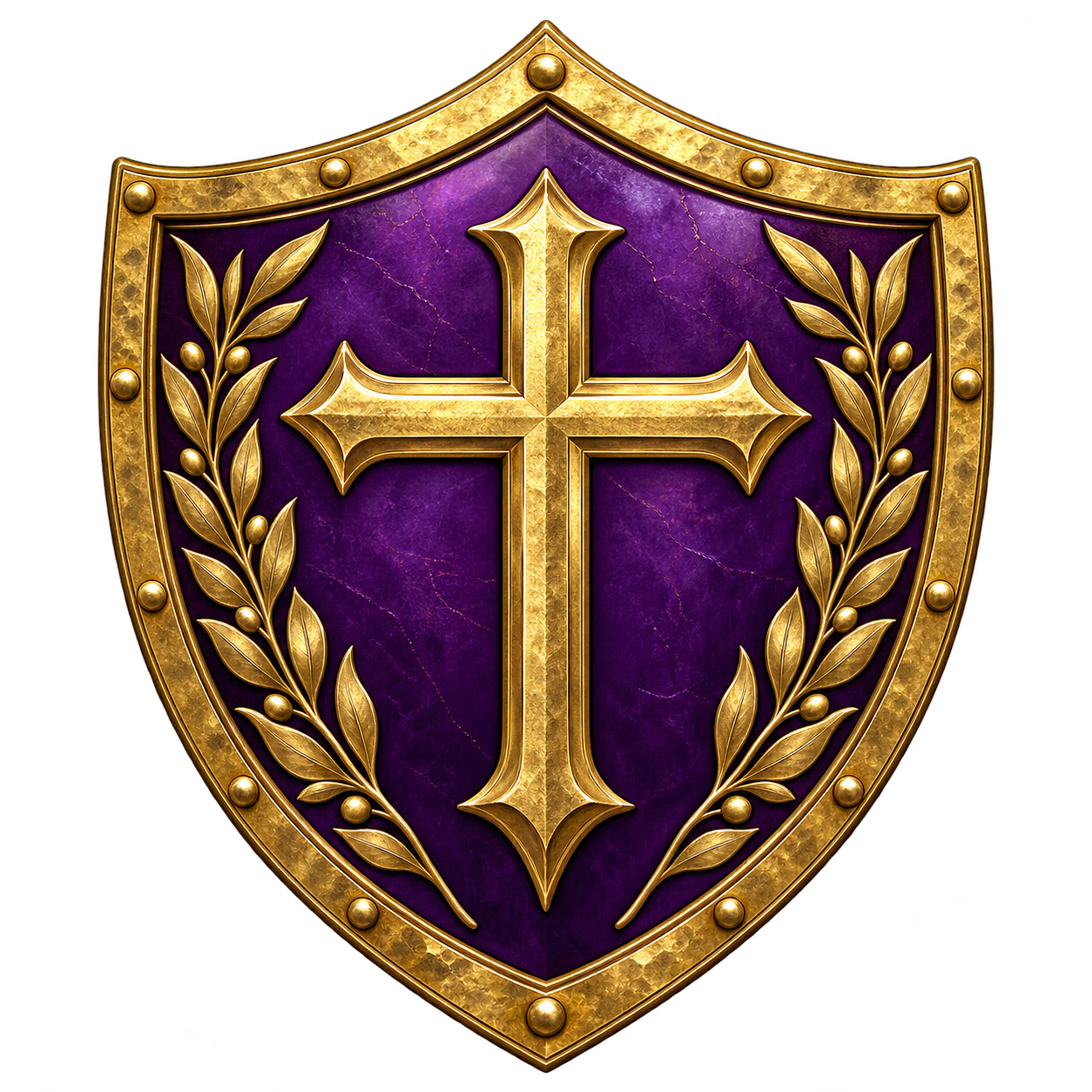 Gold cross and olive branches within the approved purple and gold shield